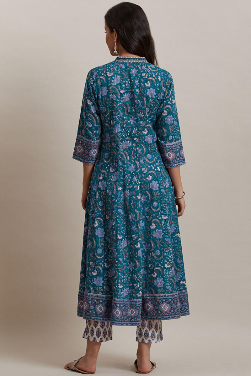 Blue Block Printed Anarkali Cotton Kurta
