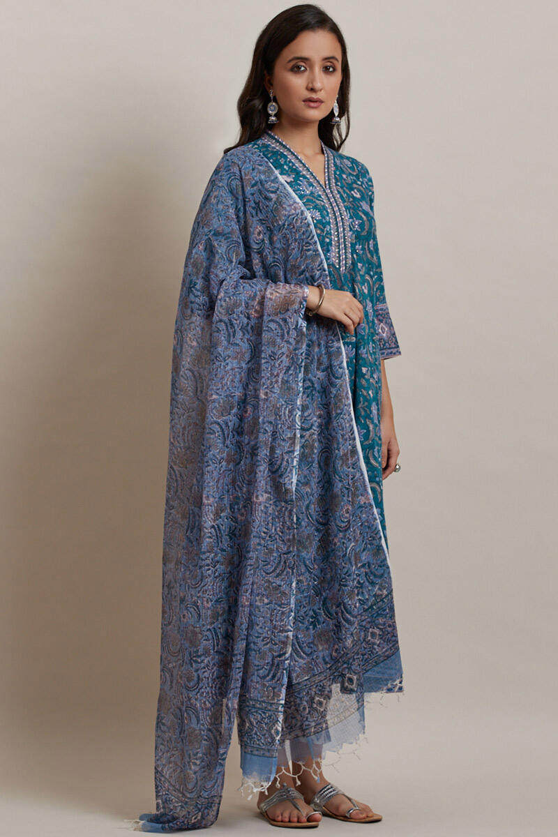 Blue Block Printed Anarkali Cotton Kurta