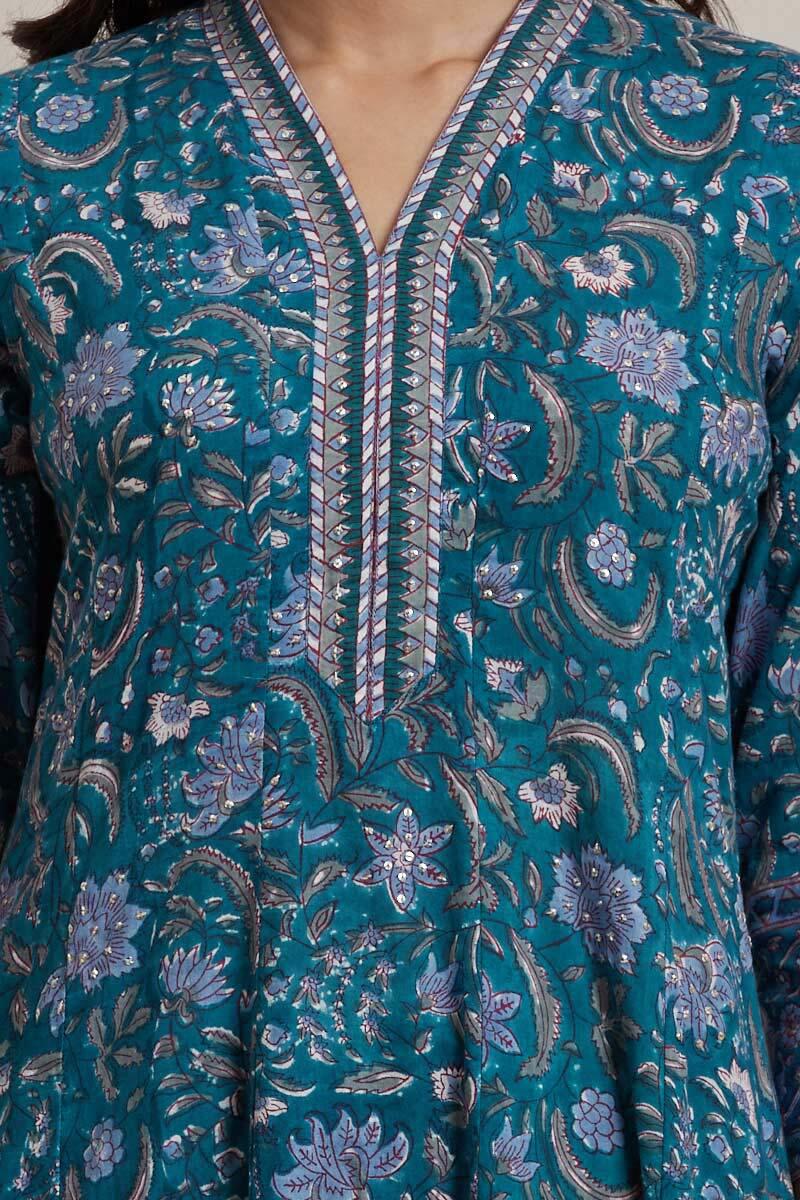 Blue Block Printed Anarkali Cotton Kurta