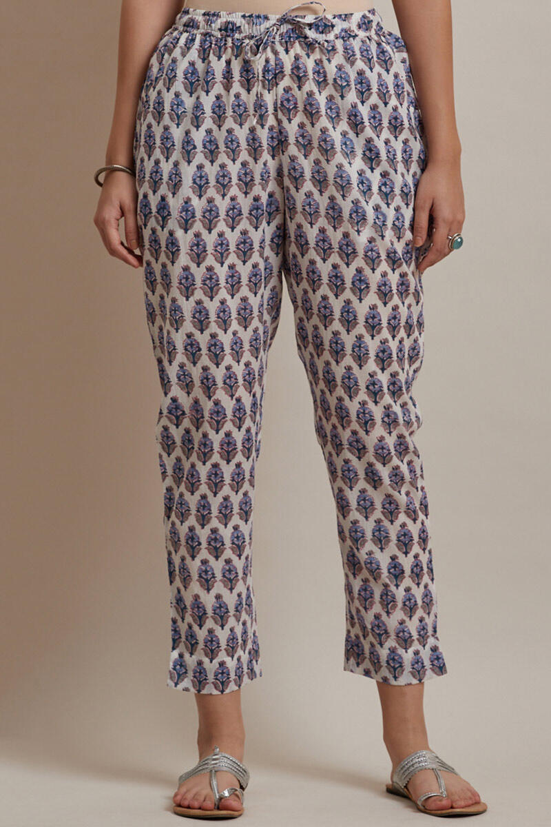 Blue Block Printed Cotton Narrow Pants