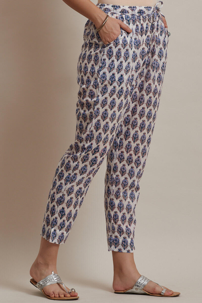 Blue Block Printed Cotton Narrow Pants