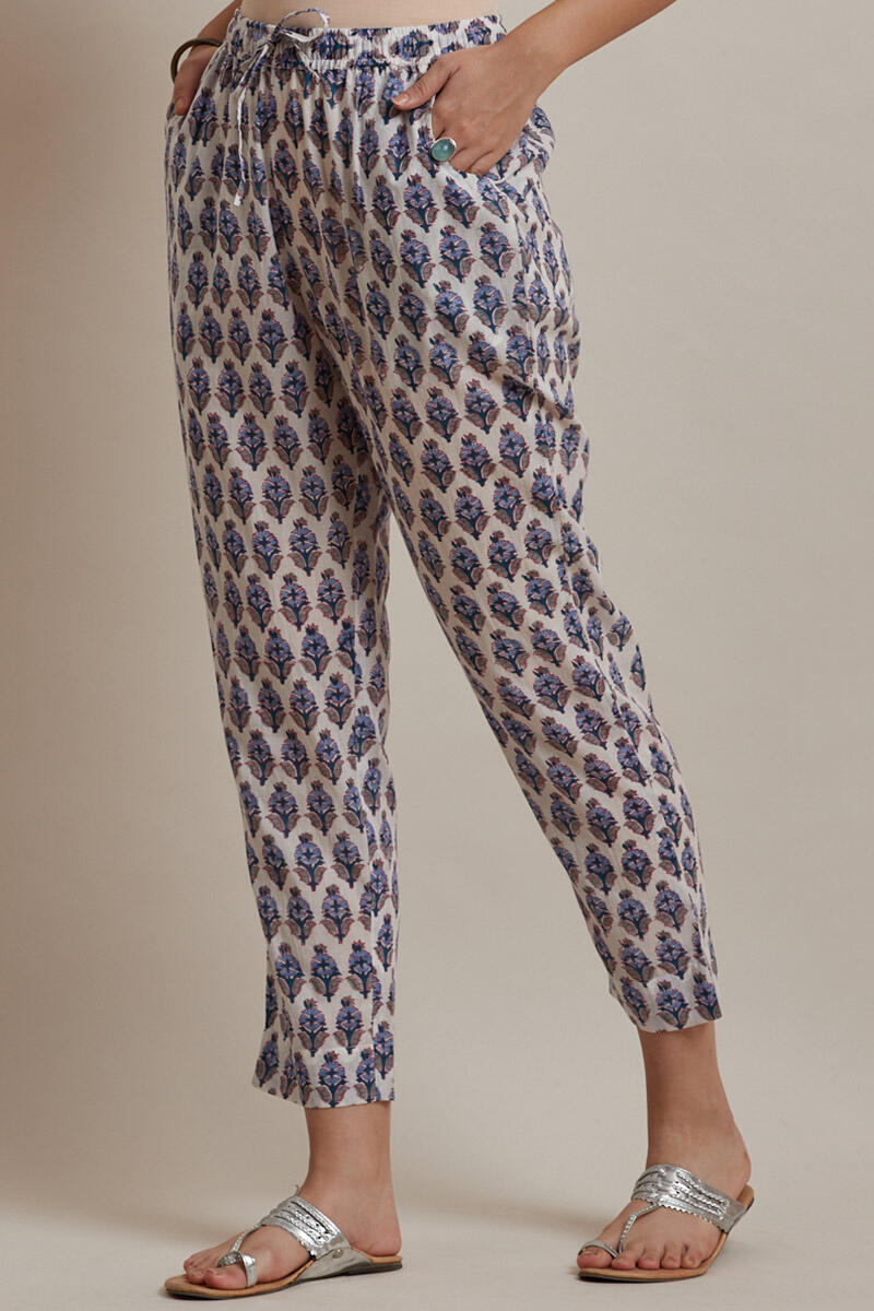 Blue Block Printed Cotton Narrow Pants