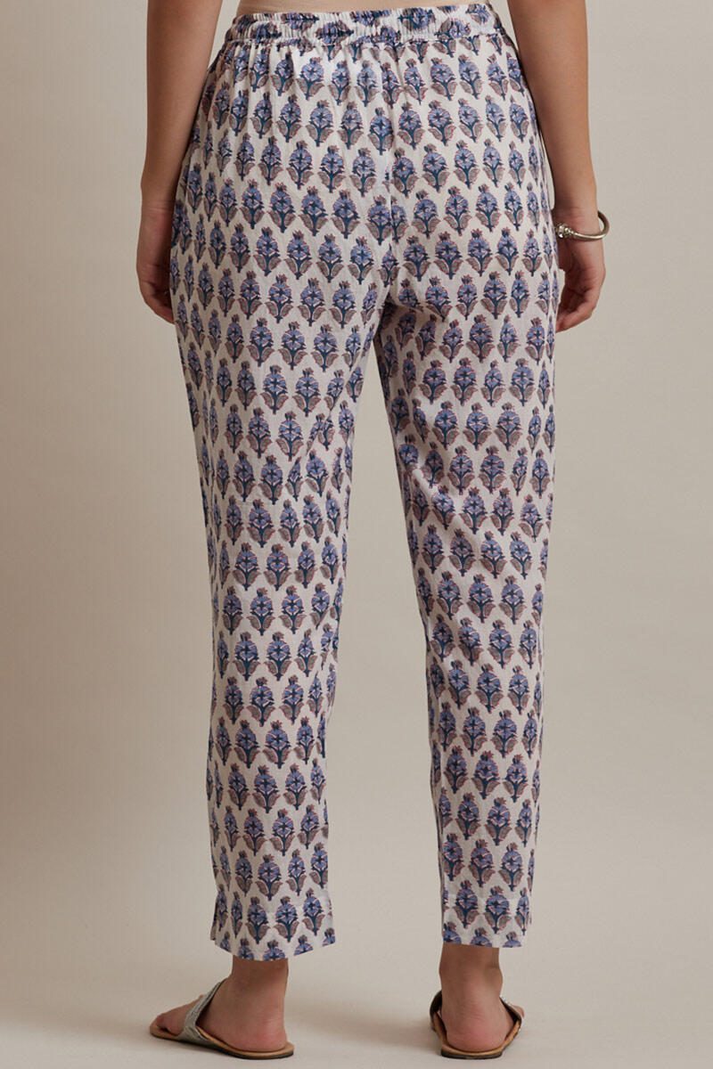 Blue Block Printed Cotton Narrow Pants