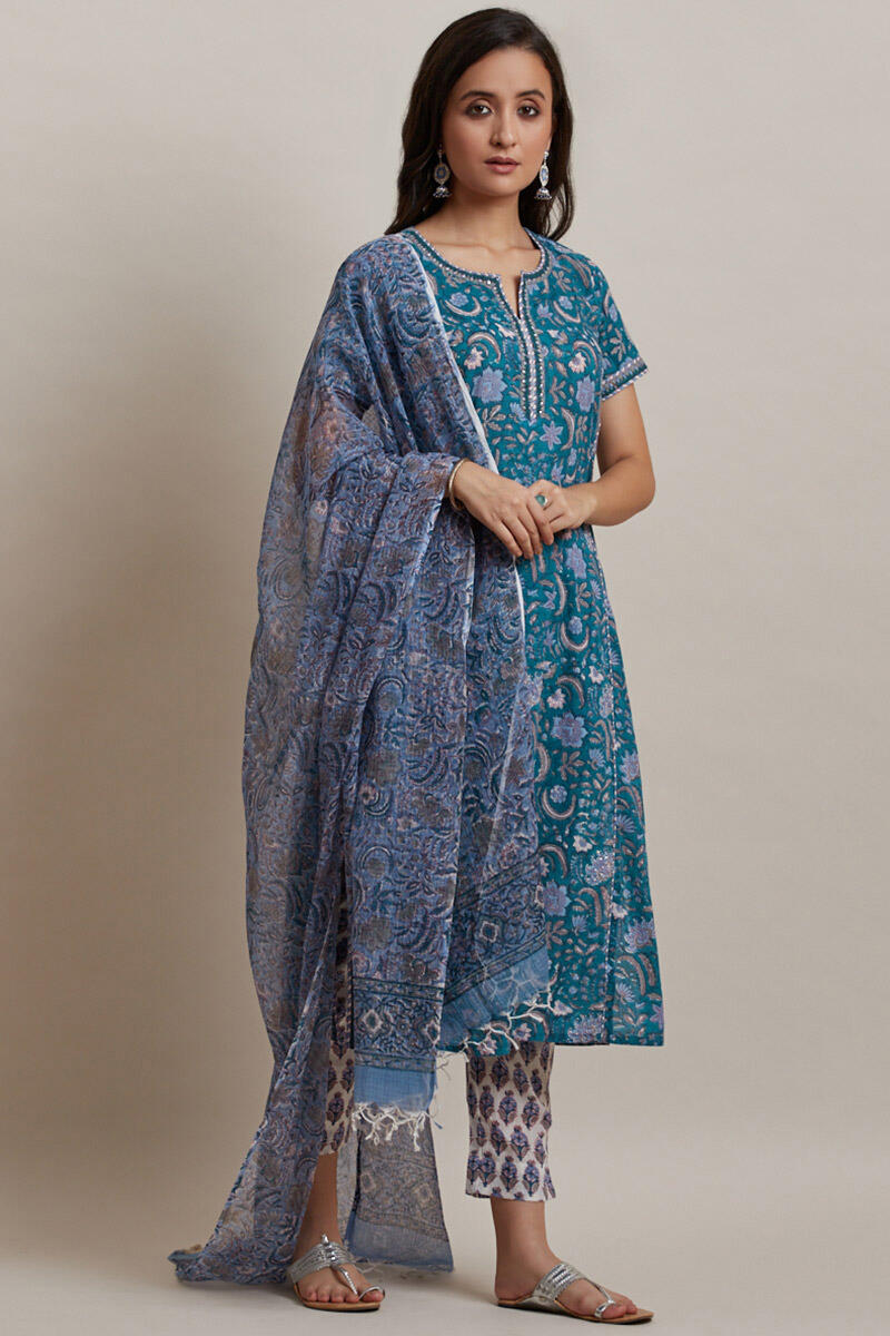 Blue Block Printed Cotton Narrow Pants
