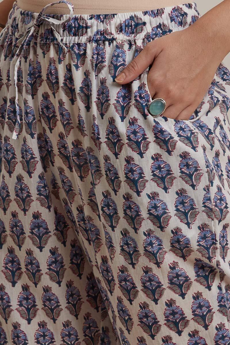 Blue Block Printed Cotton Narrow Pants