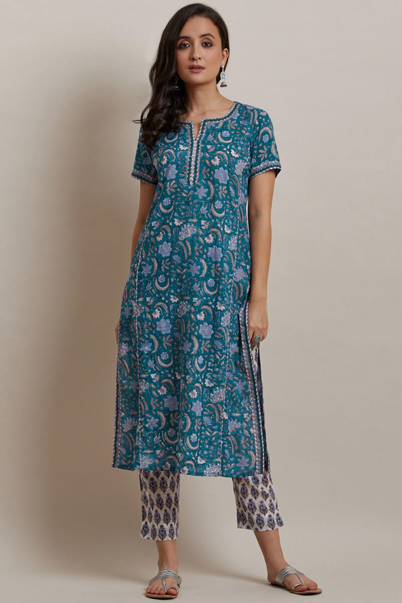 Blue Block Printed Straight Cotton Kurta