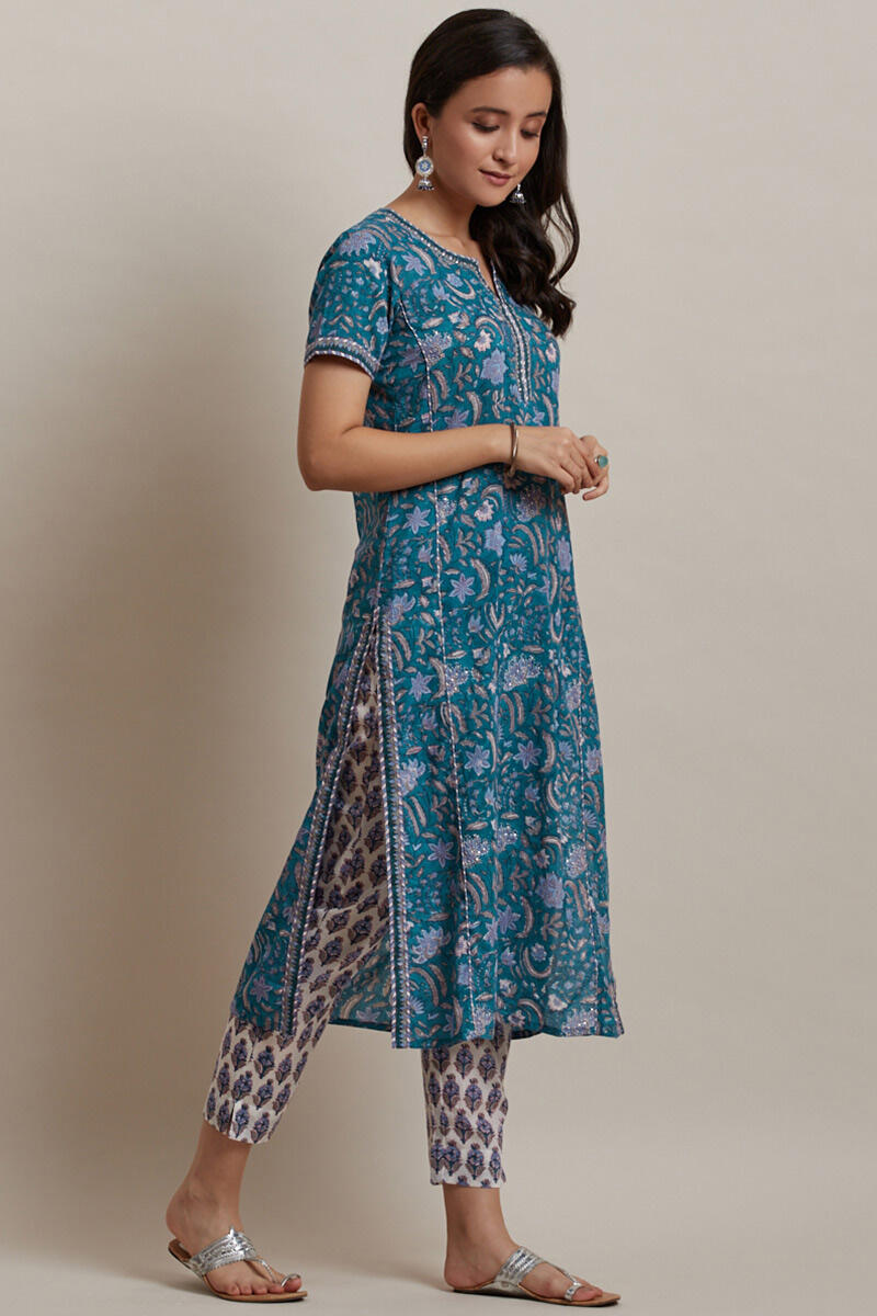 Blue Block Printed Straight Cotton Kurta