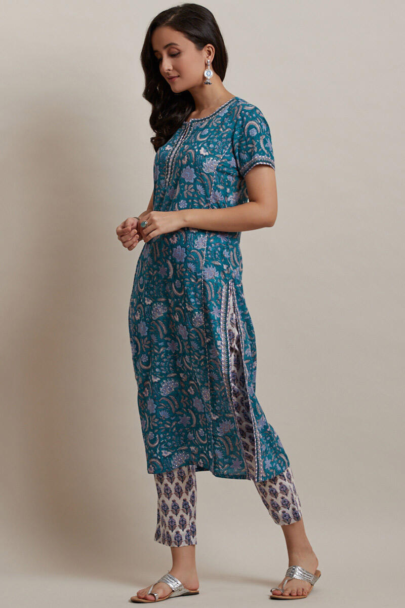 Blue Block Printed Straight Cotton Kurta