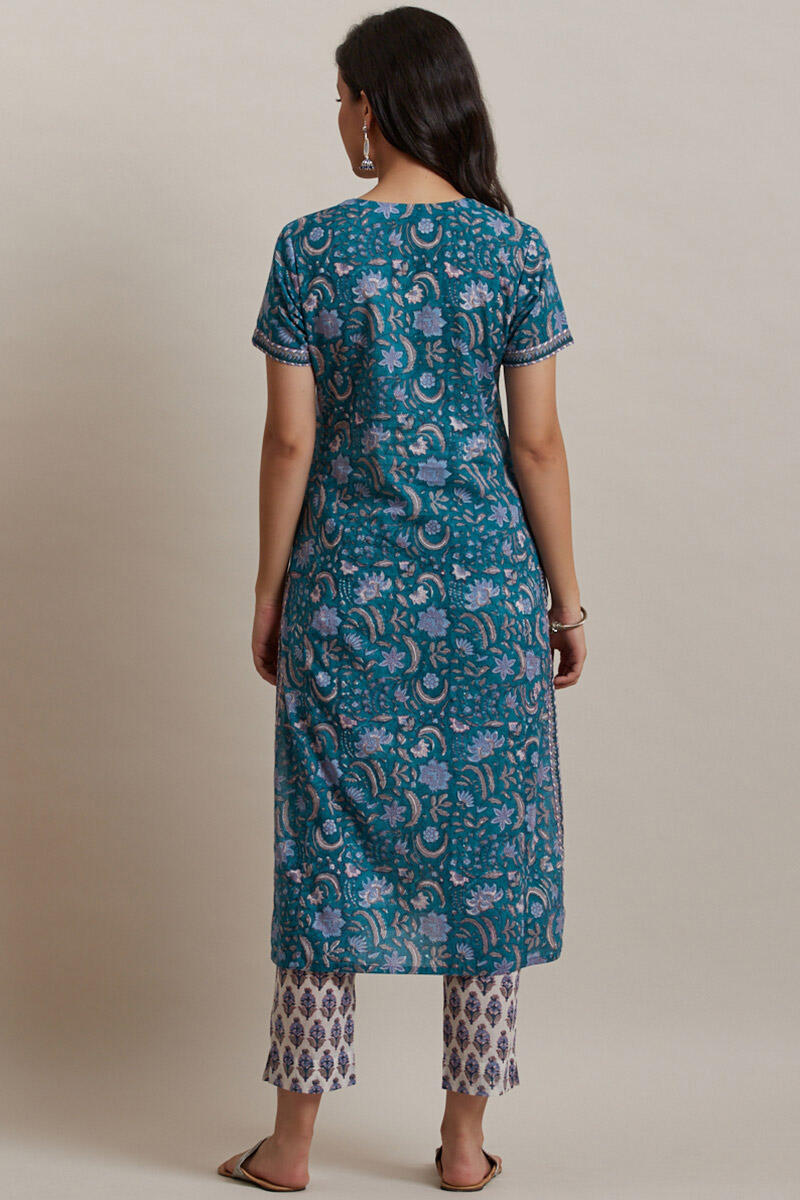 Blue Block Printed Straight Cotton Kurta