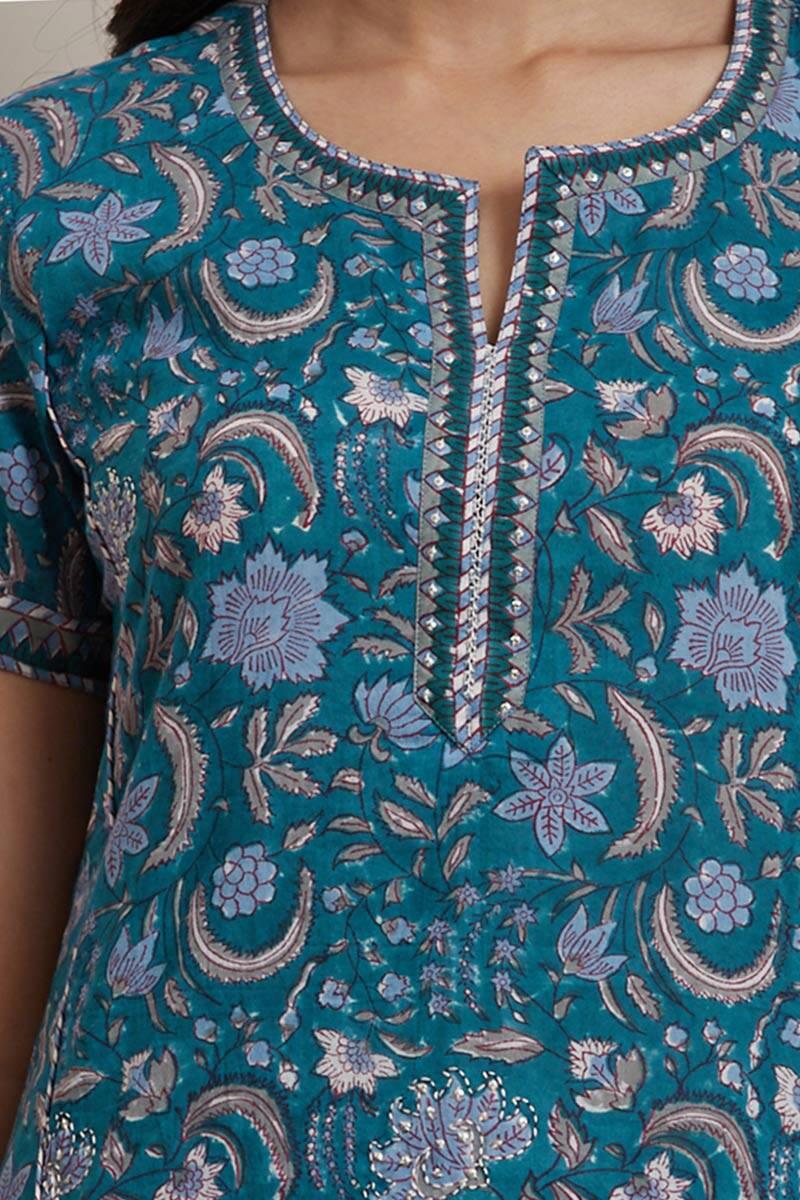 Blue Block Printed Straight Cotton Kurta