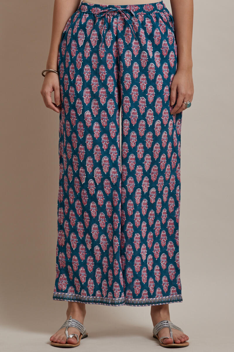 Blue Block Printed Cotton Farsi Pants