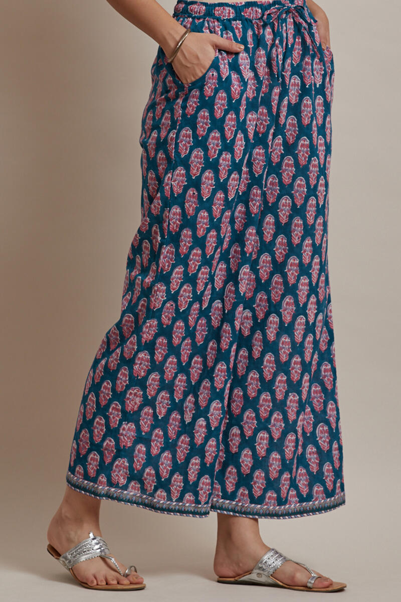 Blue Block Printed Cotton Farsi Pants