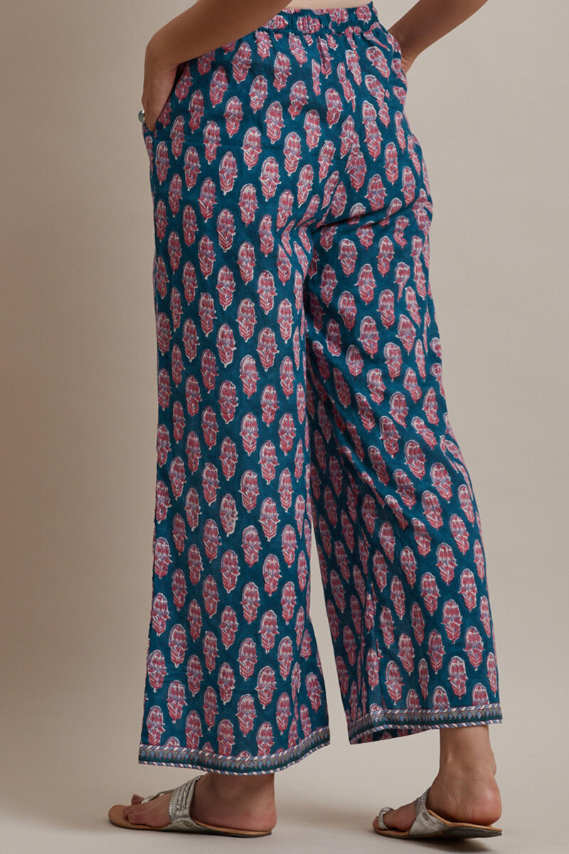 Blue Block Printed Cotton Farsi Pants