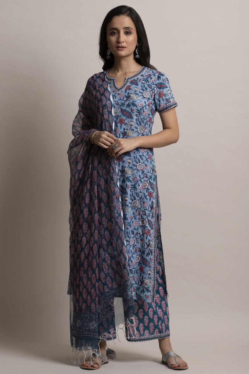 Blue Block Printed Cotton Farsi Pants