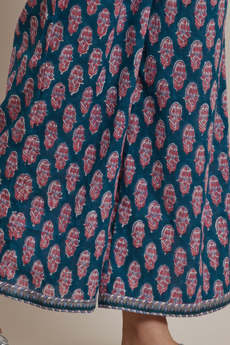 Blue Block Printed Cotton Farsi Pants