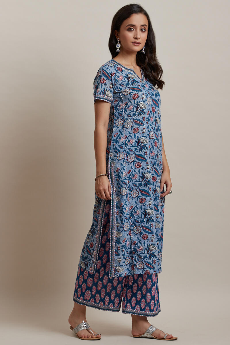 Blue Block Printed Straight Cotton Kurta