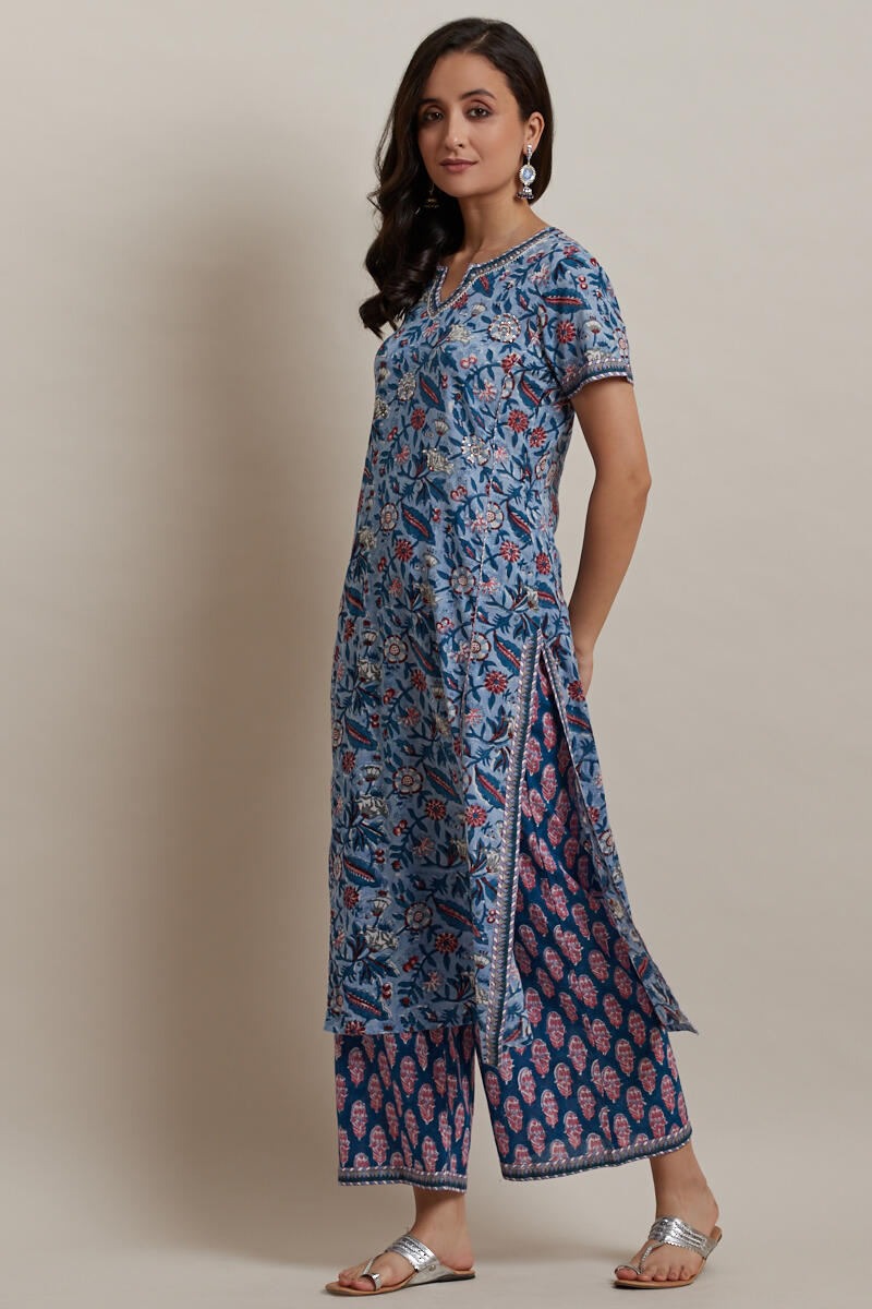 Blue Block Printed Straight Cotton Kurta