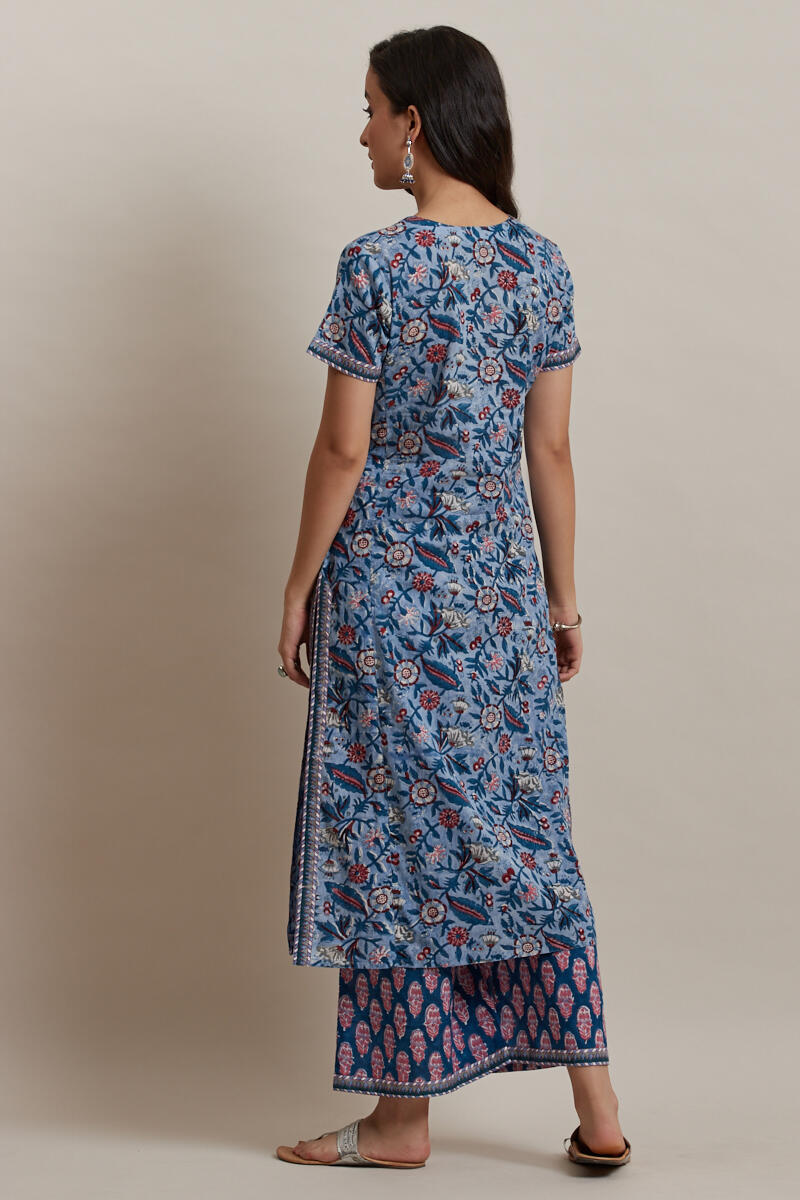Blue Block Printed Straight Cotton Kurta