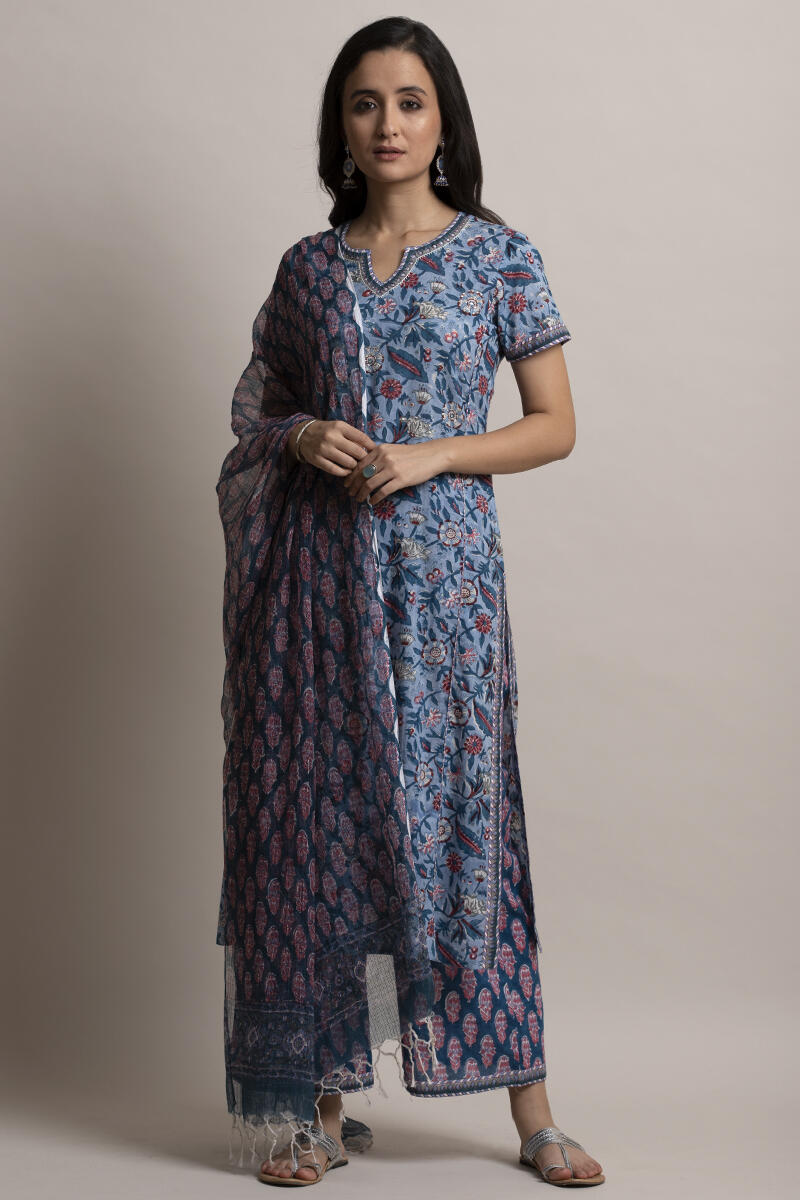 Blue Block Printed Straight Cotton Kurta