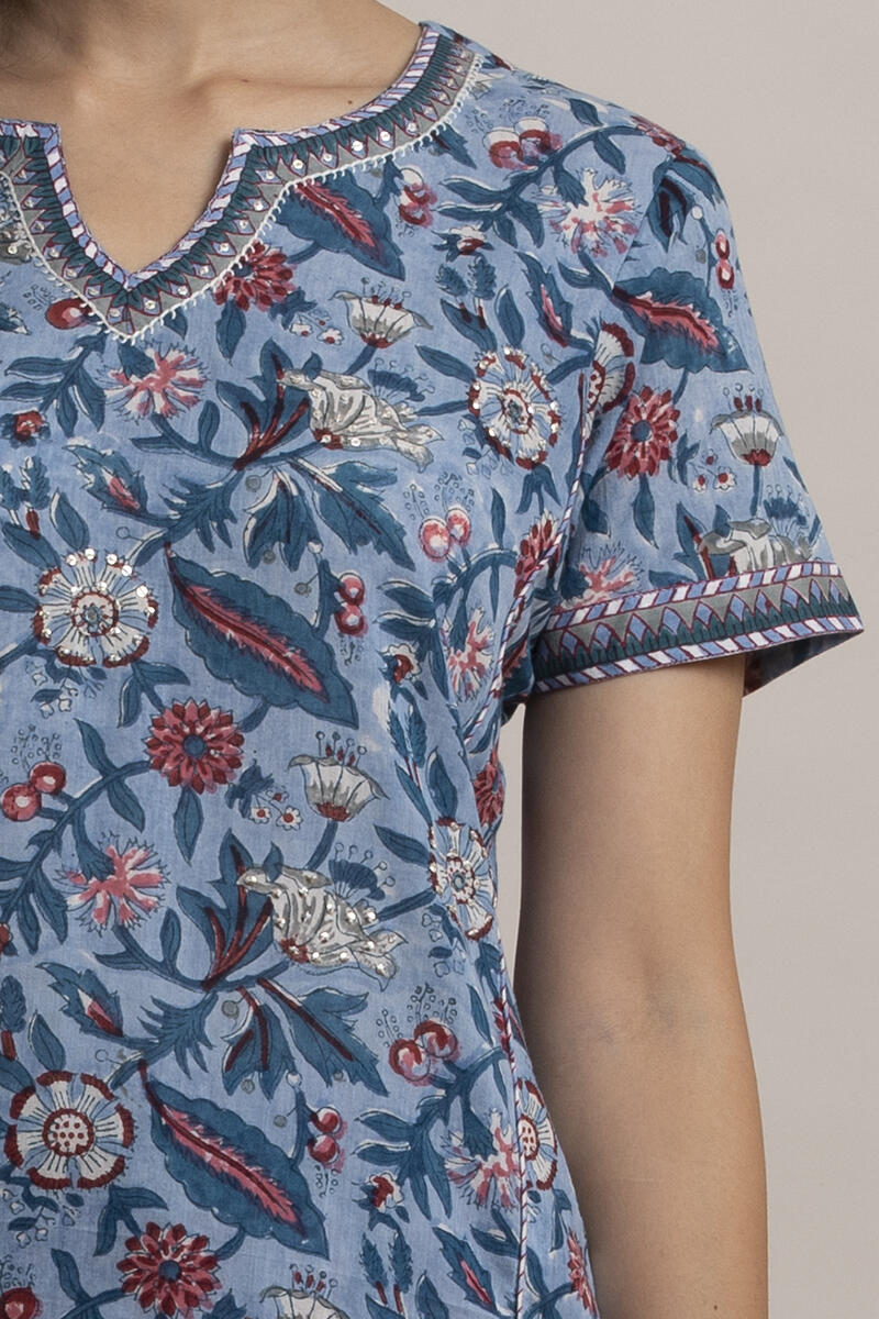 Blue Block Printed Straight Cotton Kurta