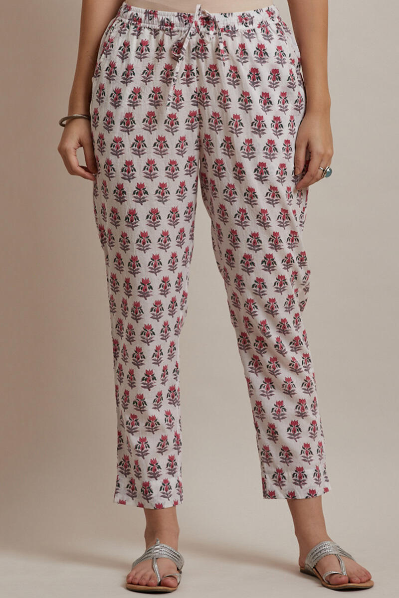 Pink Block Printed Cotton Narrow Pants