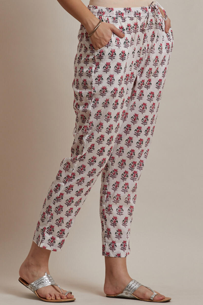 Pink Block Printed Cotton Narrow Pants