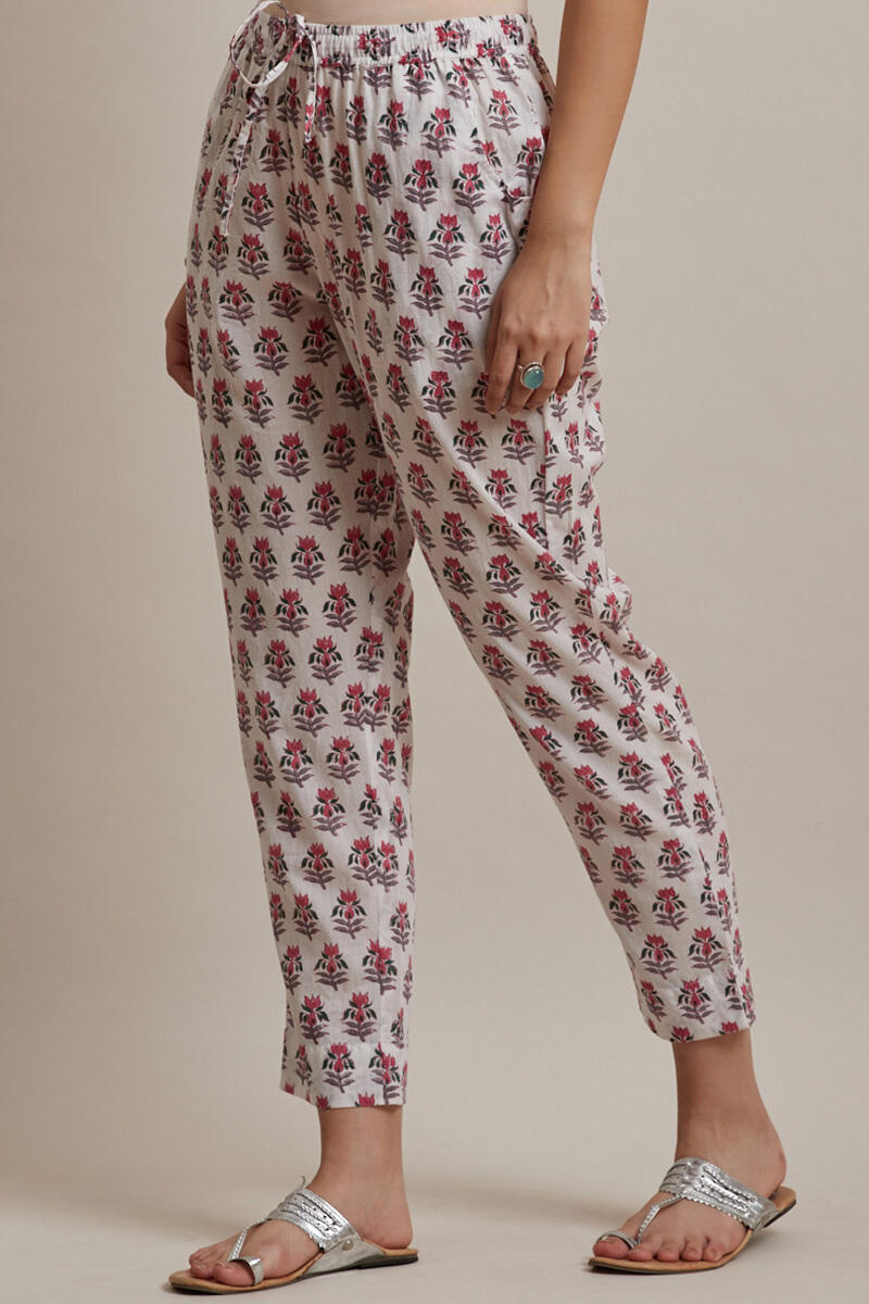 Pink Block Printed Cotton Narrow Pants