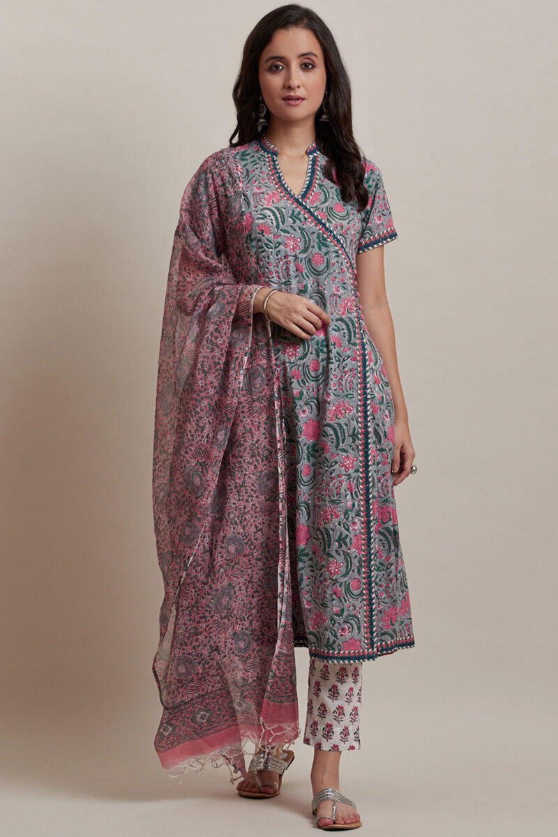 Pink Block Printed Cotton Narrow Pants