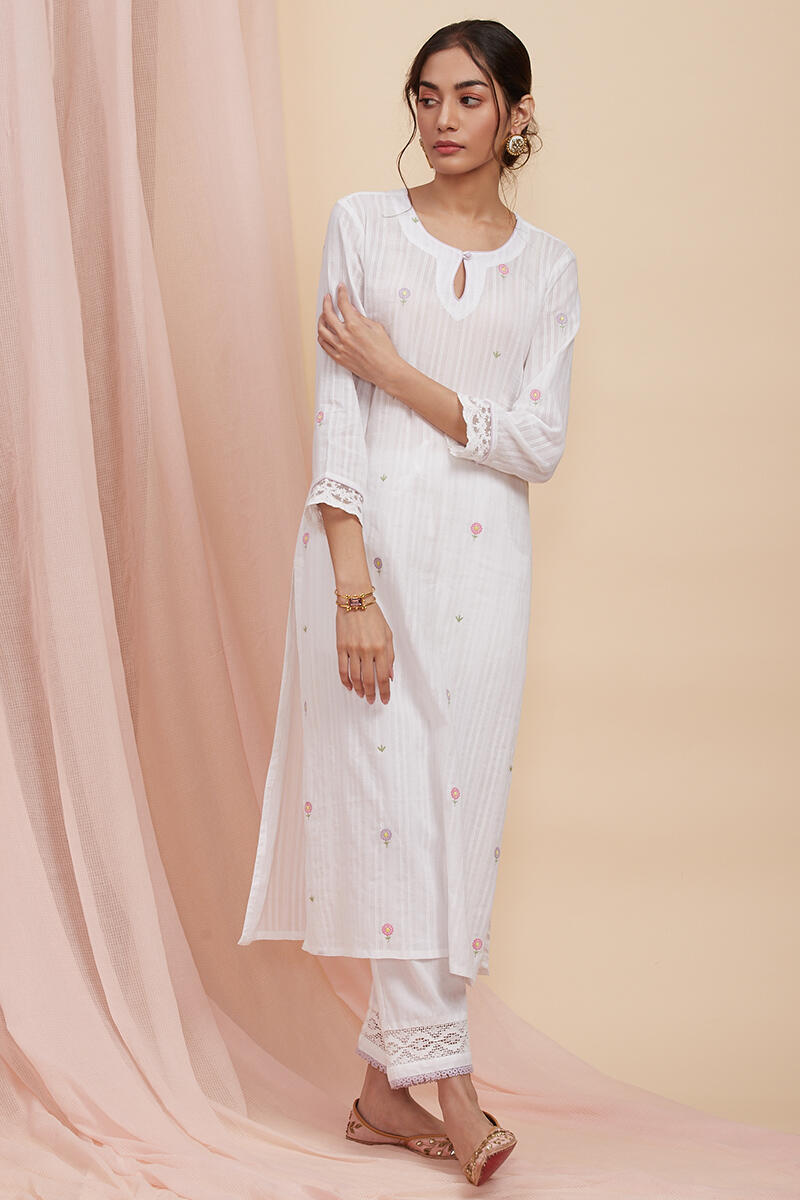White Handcrafted Straight Cotton Kurta