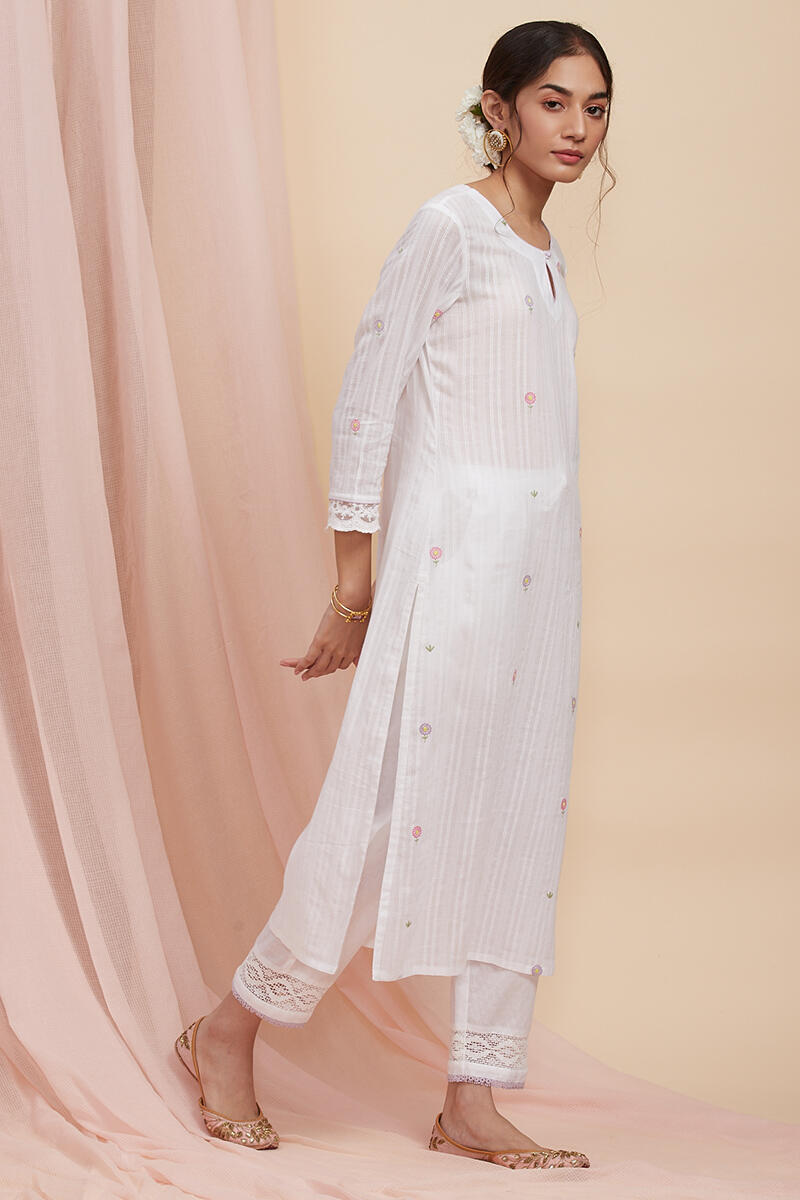 White Handcrafted Straight Cotton Kurta