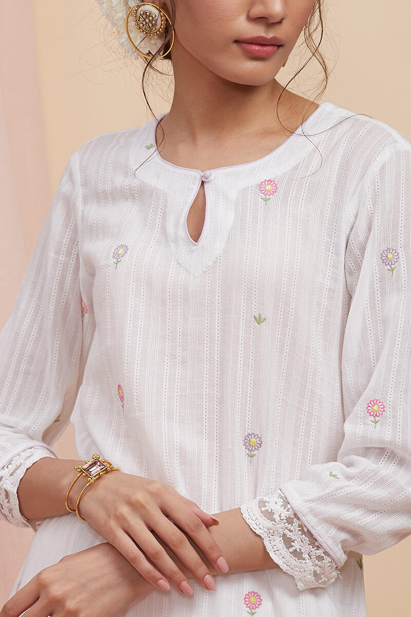White Handcrafted Straight Cotton Kurta