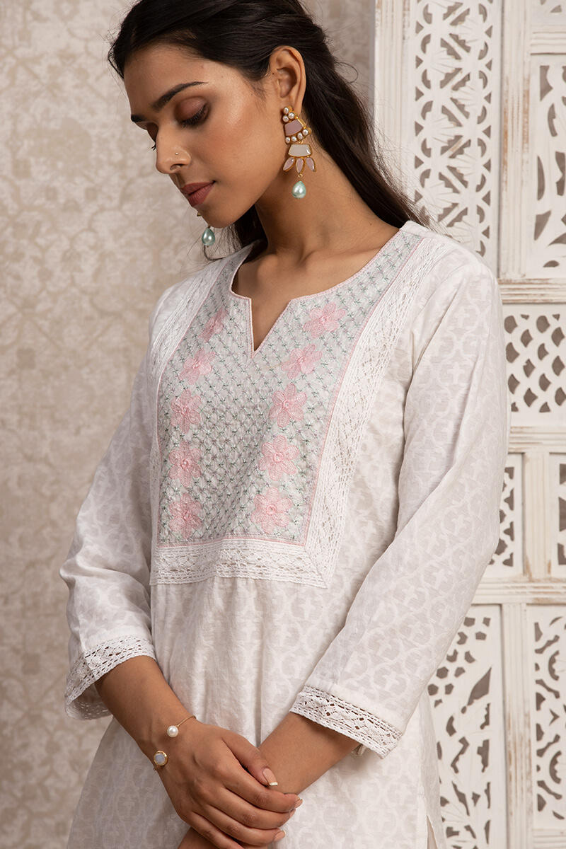 White Handcrafted Straight Cotton Short Kurta