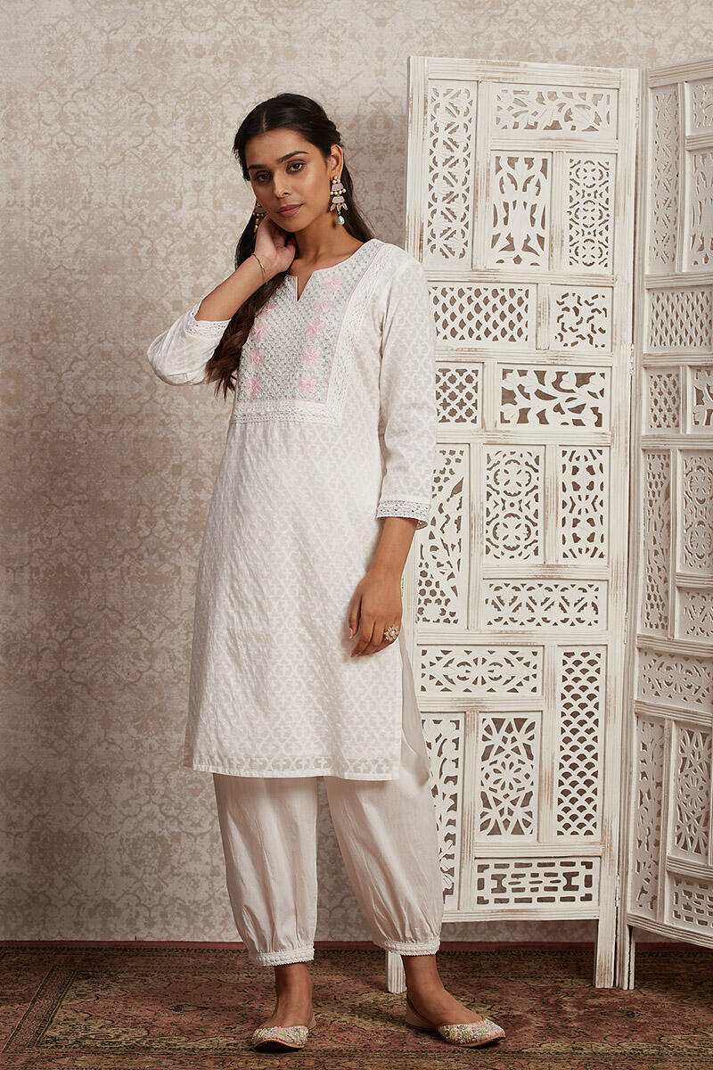 White Handcrafted Straight Cotton Short Kurta
