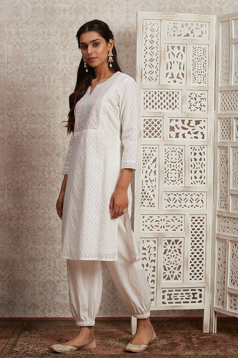 White Handcrafted Straight Cotton Short Kurta