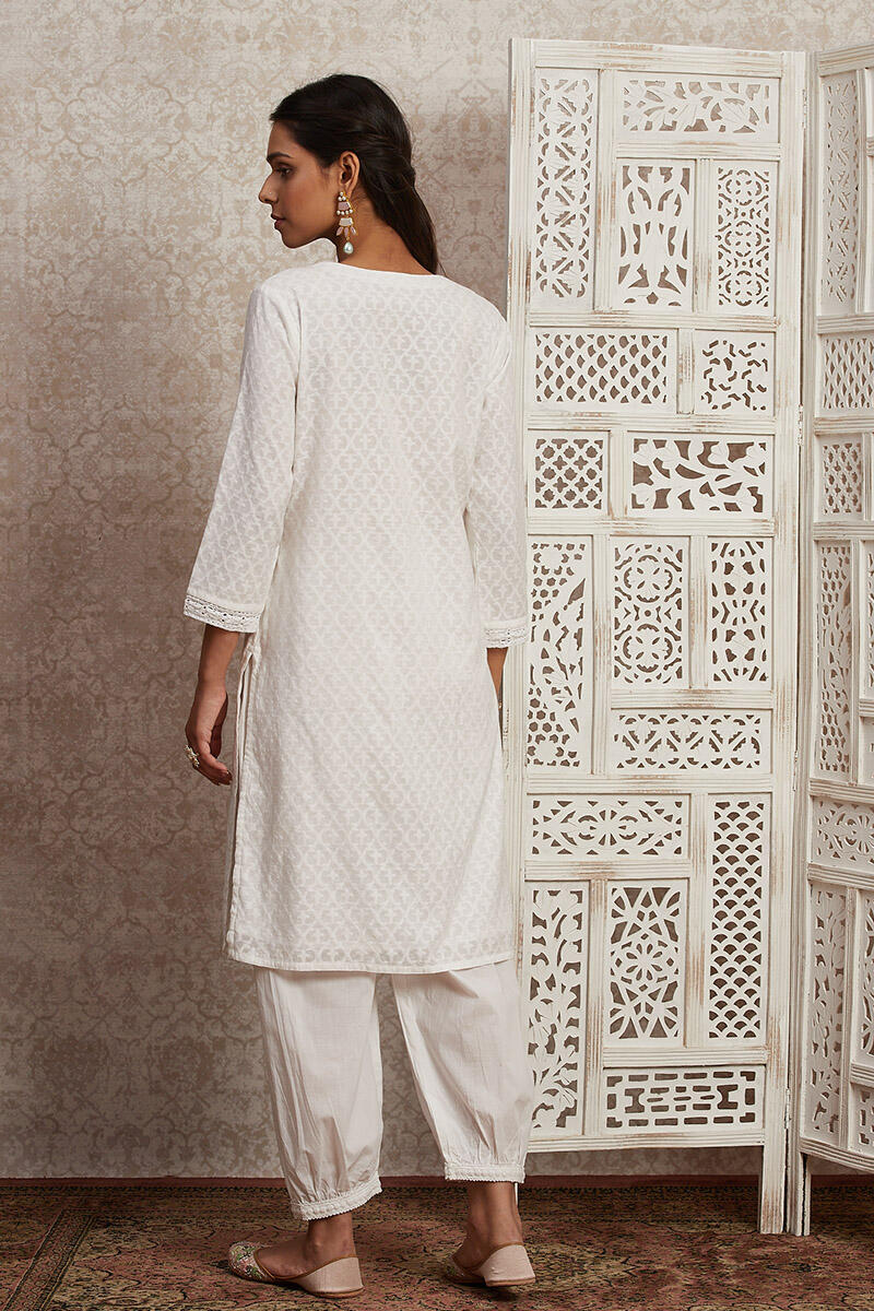 White Handcrafted Straight Cotton Short Kurta