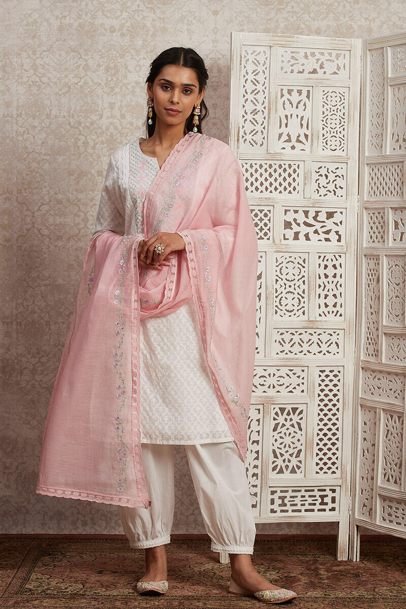 White Handcrafted Straight Cotton Short Kurta
