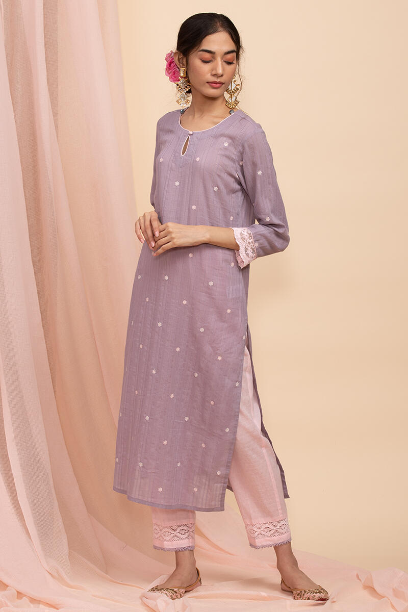 Purple Handcrafted Straight Cotton Kurta