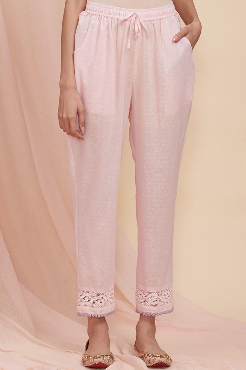 Pink Handcrafted Cotton Narrow Pants