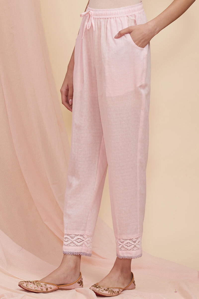 Pink Handcrafted Cotton Narrow Pants