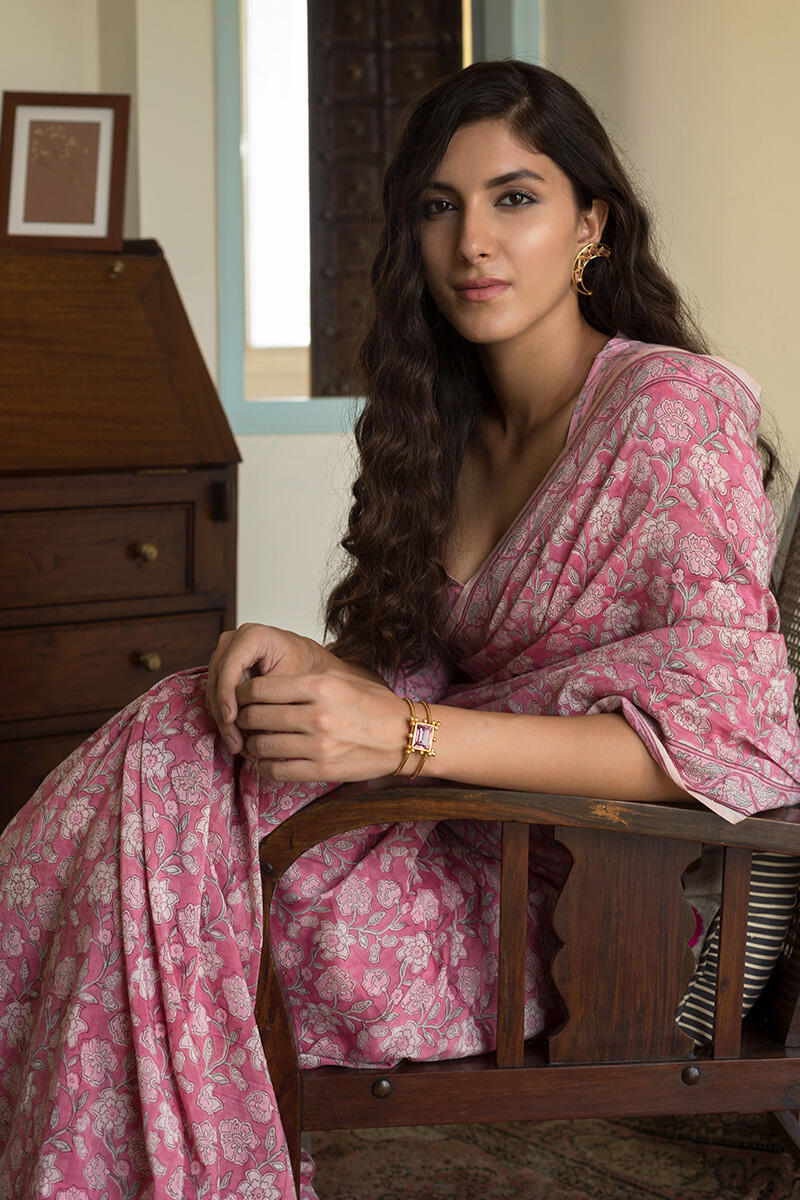 Pink Block Printed Cotton Silk Saree