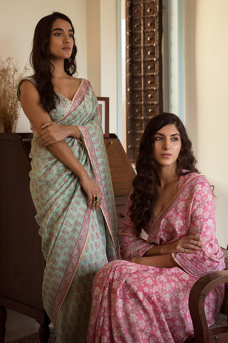 Pink Block Printed Cotton Silk Saree