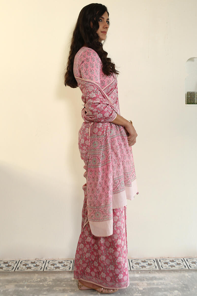 Pink Block Printed Cotton Silk Saree