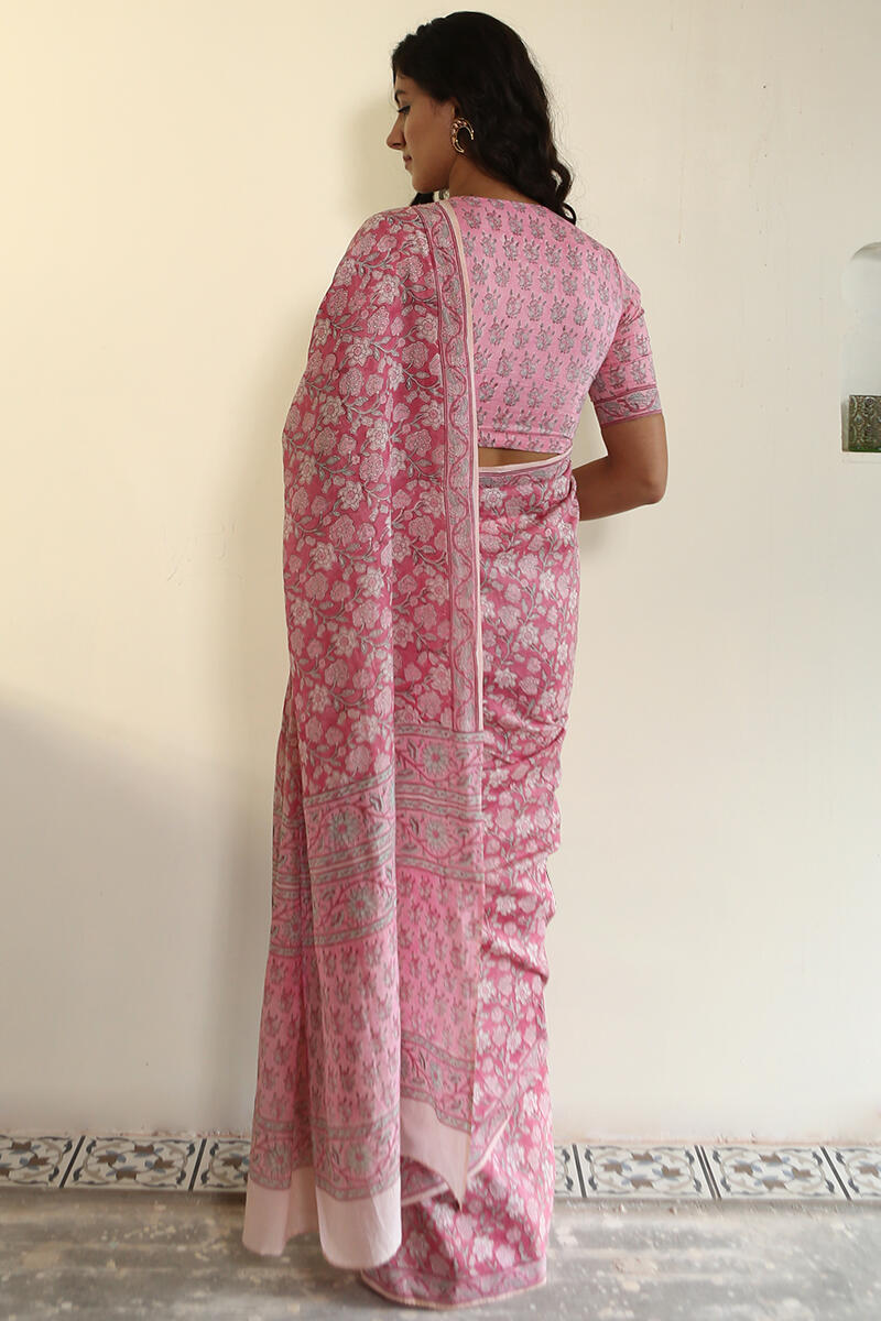 Pink Block Printed Cotton Silk Saree