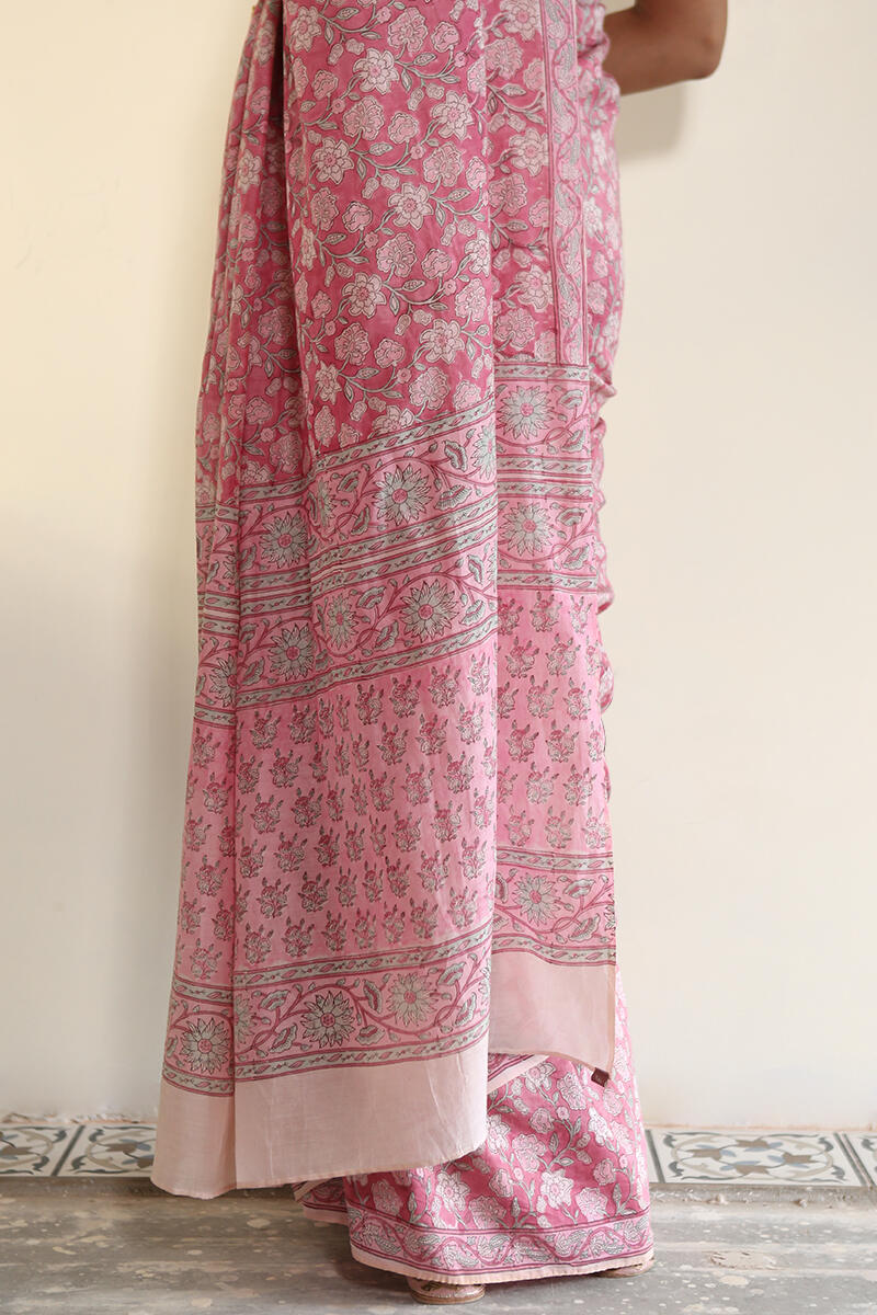 Pink Block Printed Cotton Silk Saree