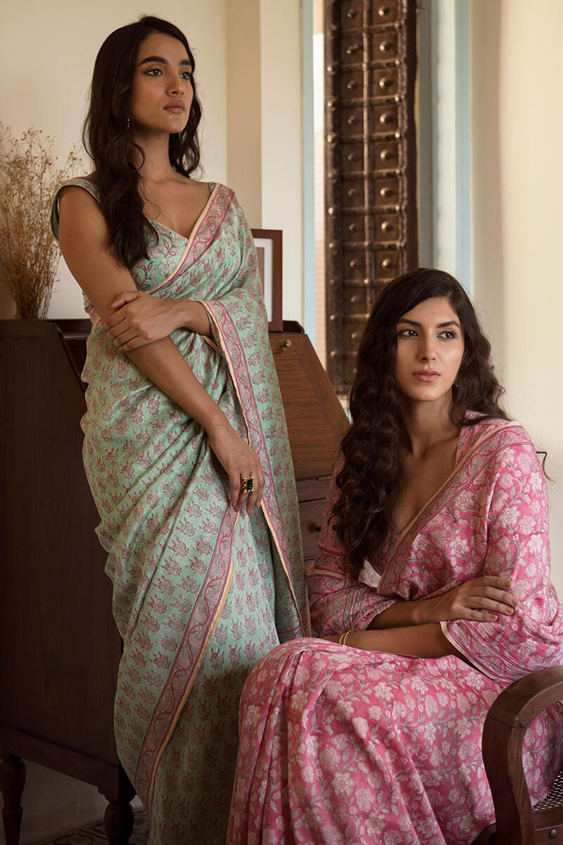 Green Block Printed Chanderi Saree