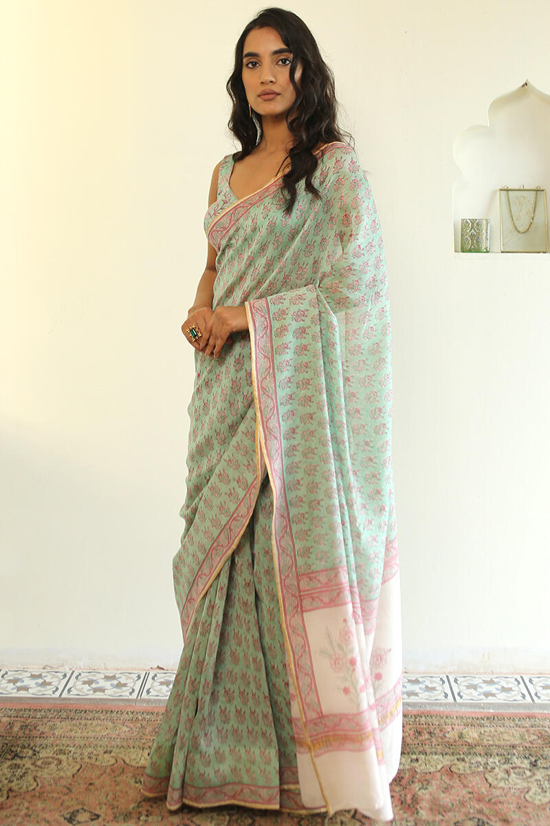 Green Block Printed Chanderi Saree