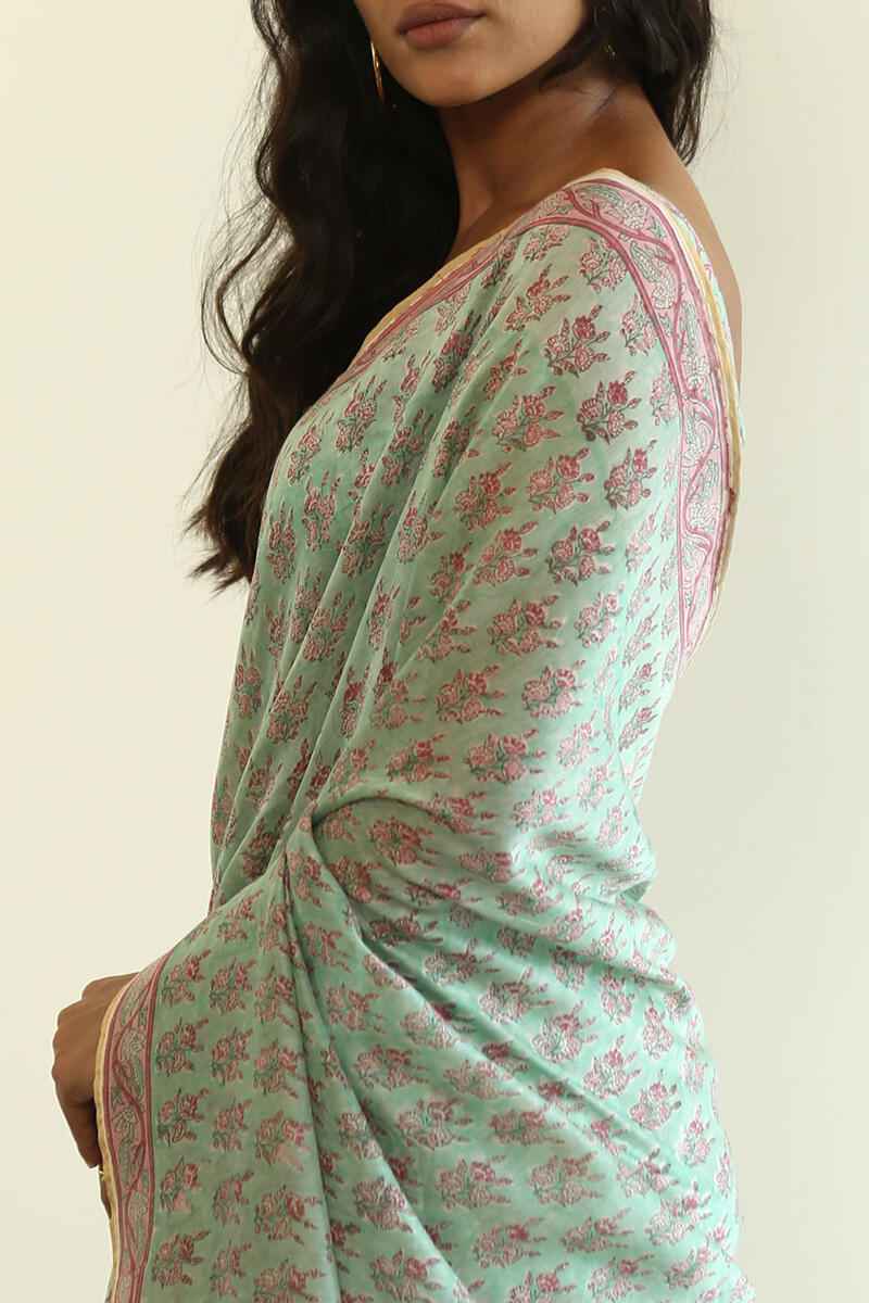 Green Block Printed Chanderi Saree