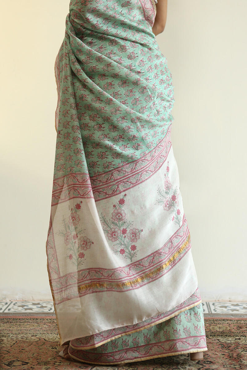 Green Block Printed Chanderi Saree