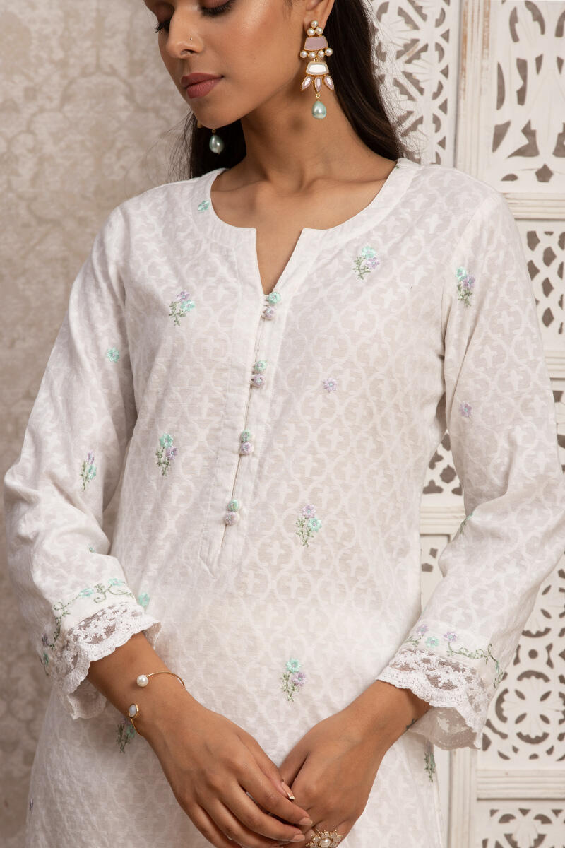 White Handcrafted Cotton Short Kurta
