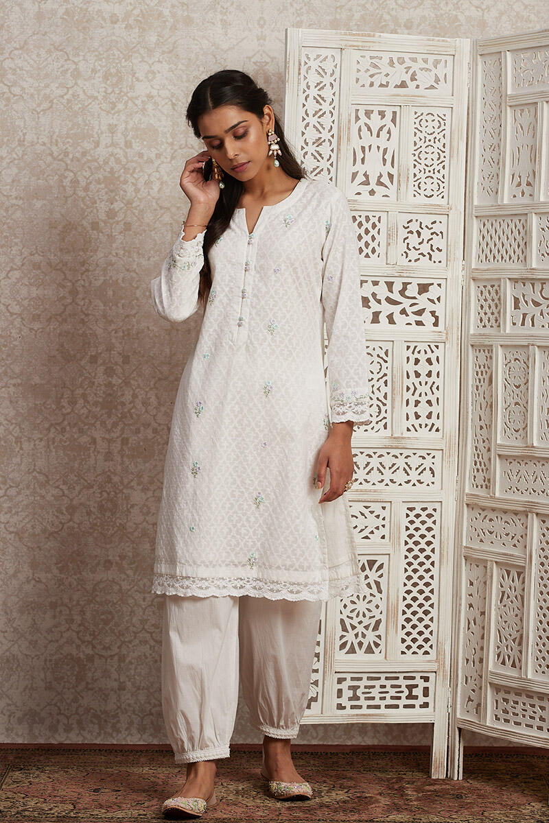 White Handcrafted Cotton Short Kurta